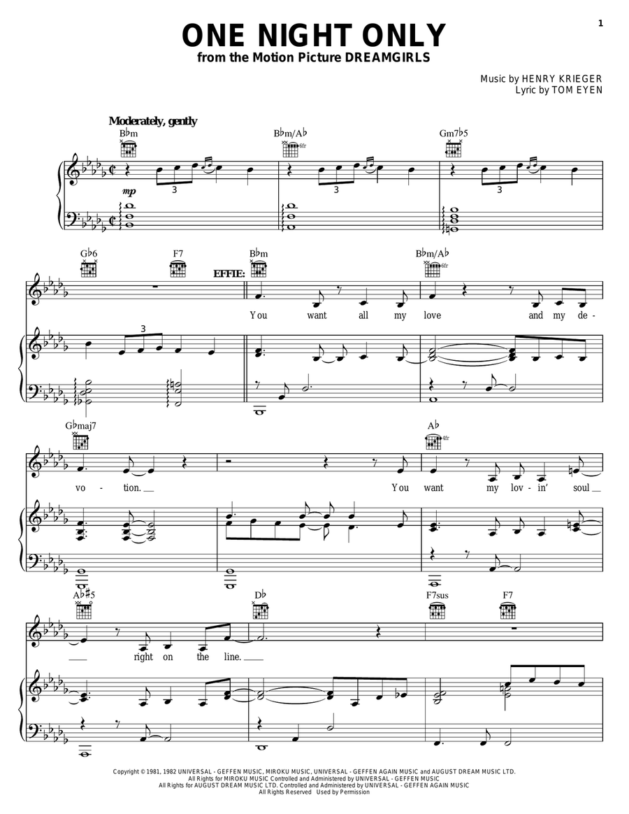 One Night Only Piano, Vocal, Guitar scores gallery preview page 1