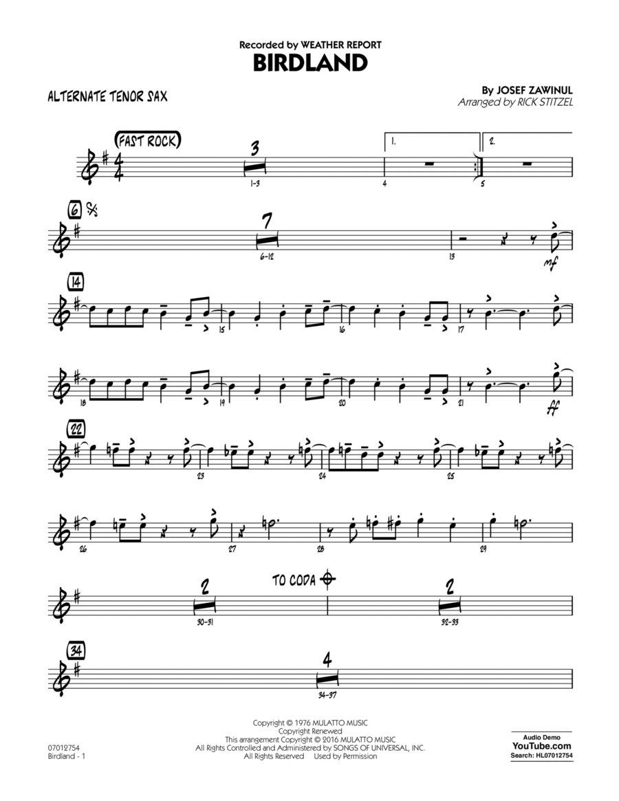 Birdland - Alternate Tenor Sax Tenor Saxophone scores gallery preview page 1