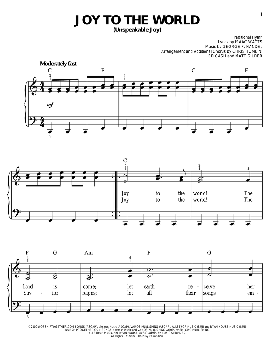 Joy To The World (Unspeakable Joy) Easy Piano scores gallery preview page 1