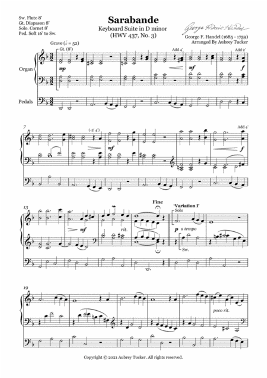 Organ: Sarabande from Keyboard Suite in D minor (HWV 437, No. 3) - George F. Handel Piano scores gallery preview page 2