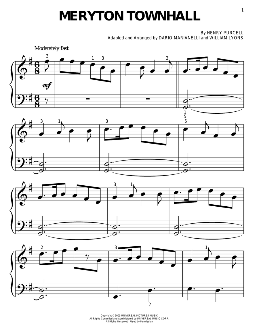 Meryton Townhall (from Pride And Prejudice) Easy Piano scores gallery preview page 1
