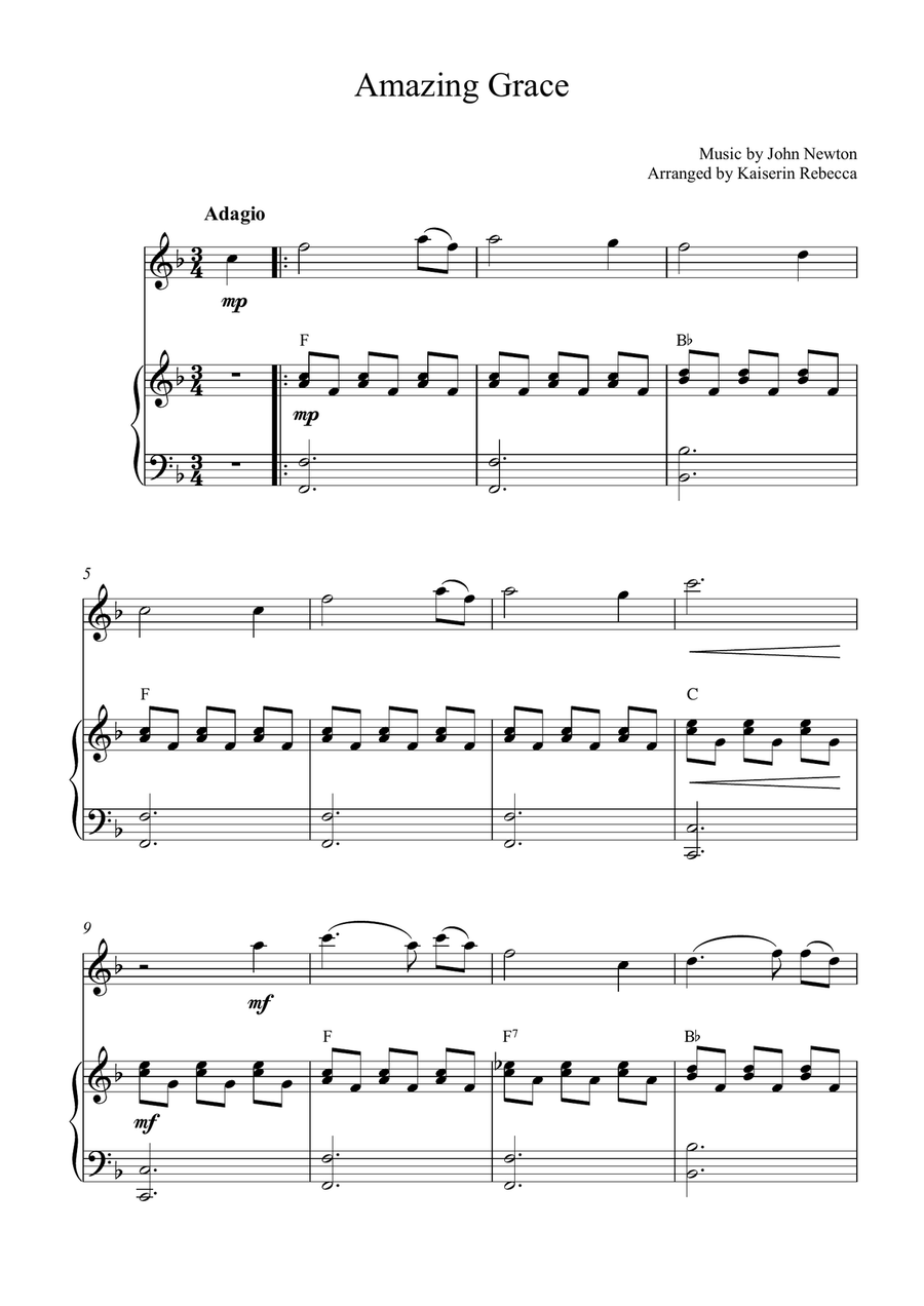 Amazing Grace by John Newton Flute Solo - Digital Sheet Music
