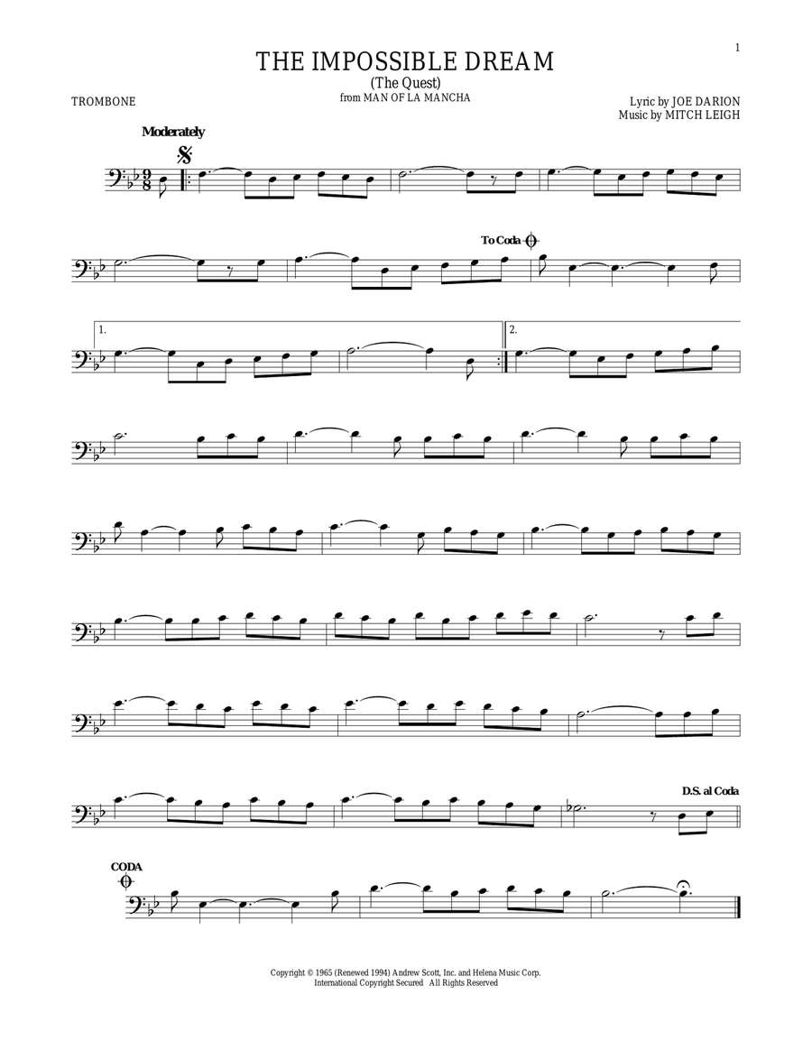 The Impossible Dream (The Quest) Trombone Solo scores gallery preview page 1