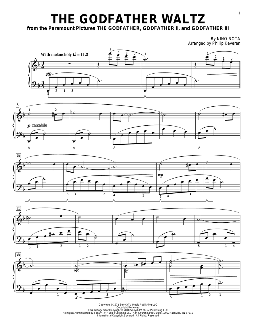 The Godfather Waltz (arr. Phillip Keveren) Piano Solo scores gallery preview page 1