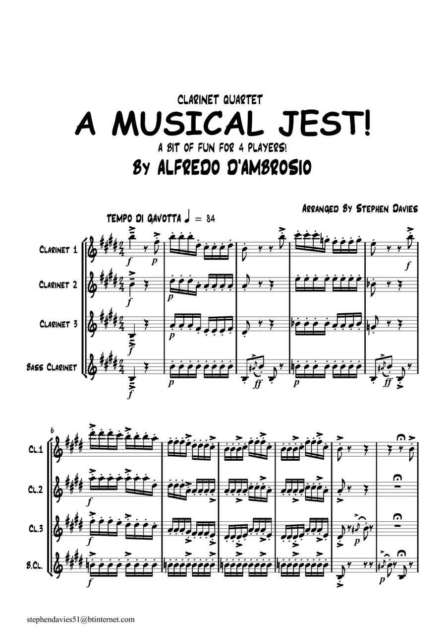 'A Musical Jest' By Alfredo D'ambrosio,Clarinet Quartet, a bit of fun for 4 players! Clarinet Quartet scores gallery preview page 1