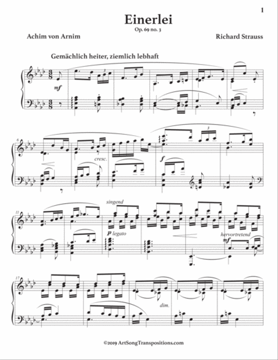 STRAUSS: Einerlei, Op. 69 no. 3 (transposed to A-flat major) Voice scores gallery preview page 2
