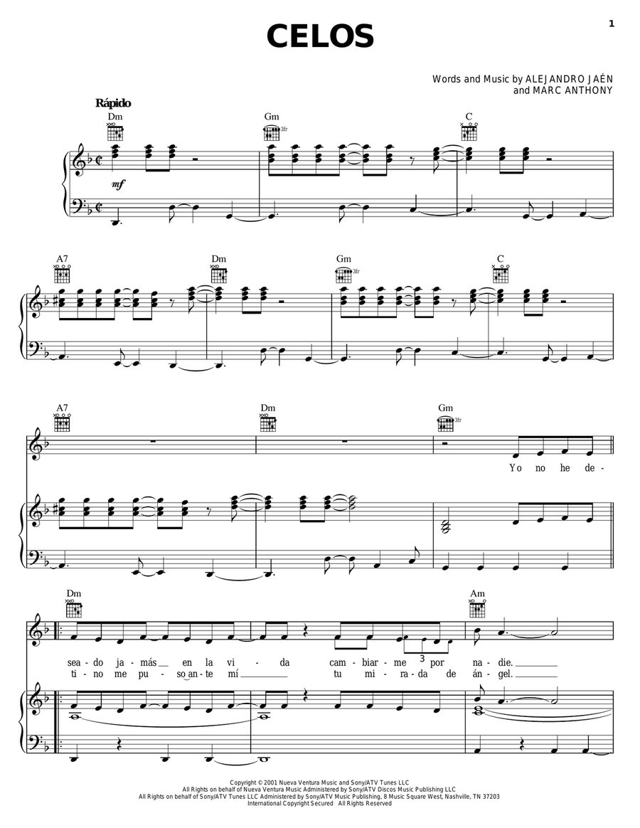 Celos Celos Piano, Vocal, Guitar scores gallery preview page 1