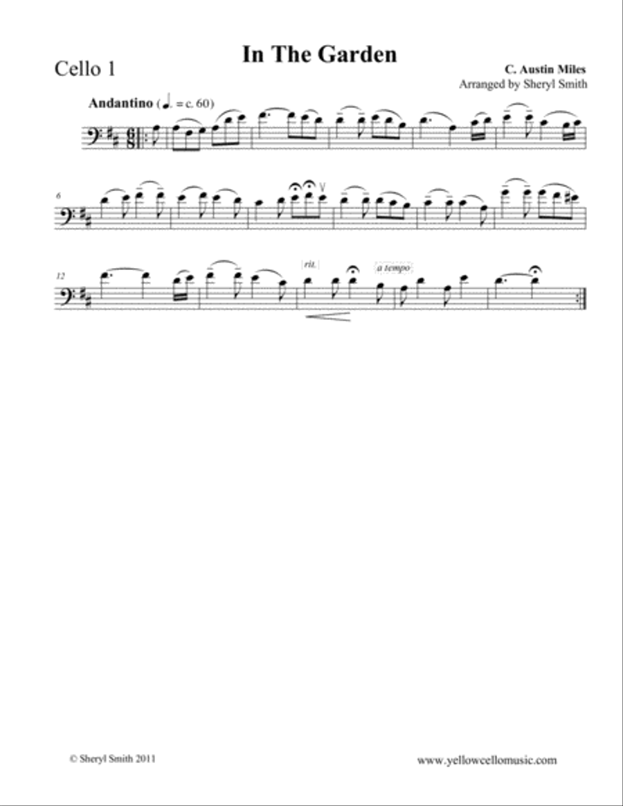 In The Garden, a traditional Christian hymn arranged for four intermediate cellists (cello quartet, Cello scores gallery preview page 2