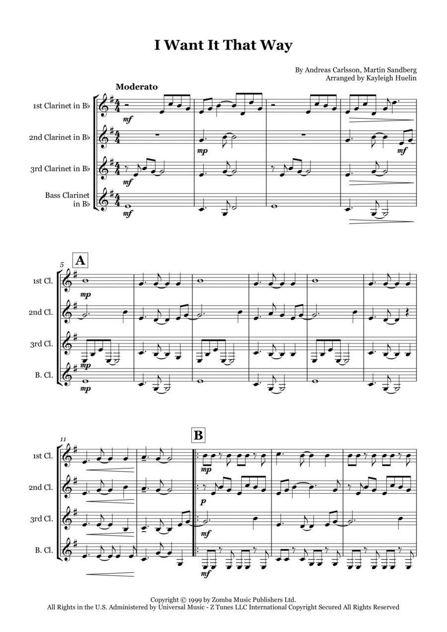 I Want It That Way Clarinet Quartet scores gallery preview page 1