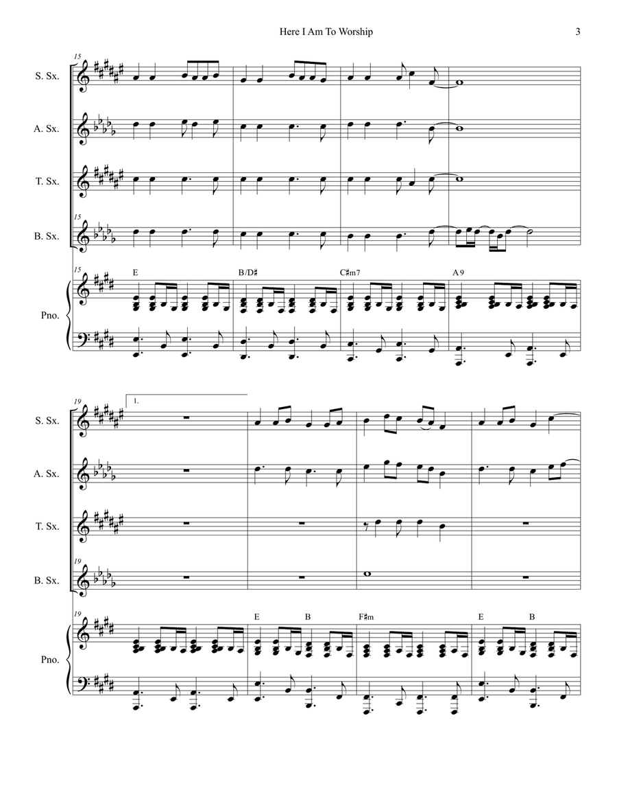 Here I Am To Worship Saxophone Quartet scores gallery preview page 3