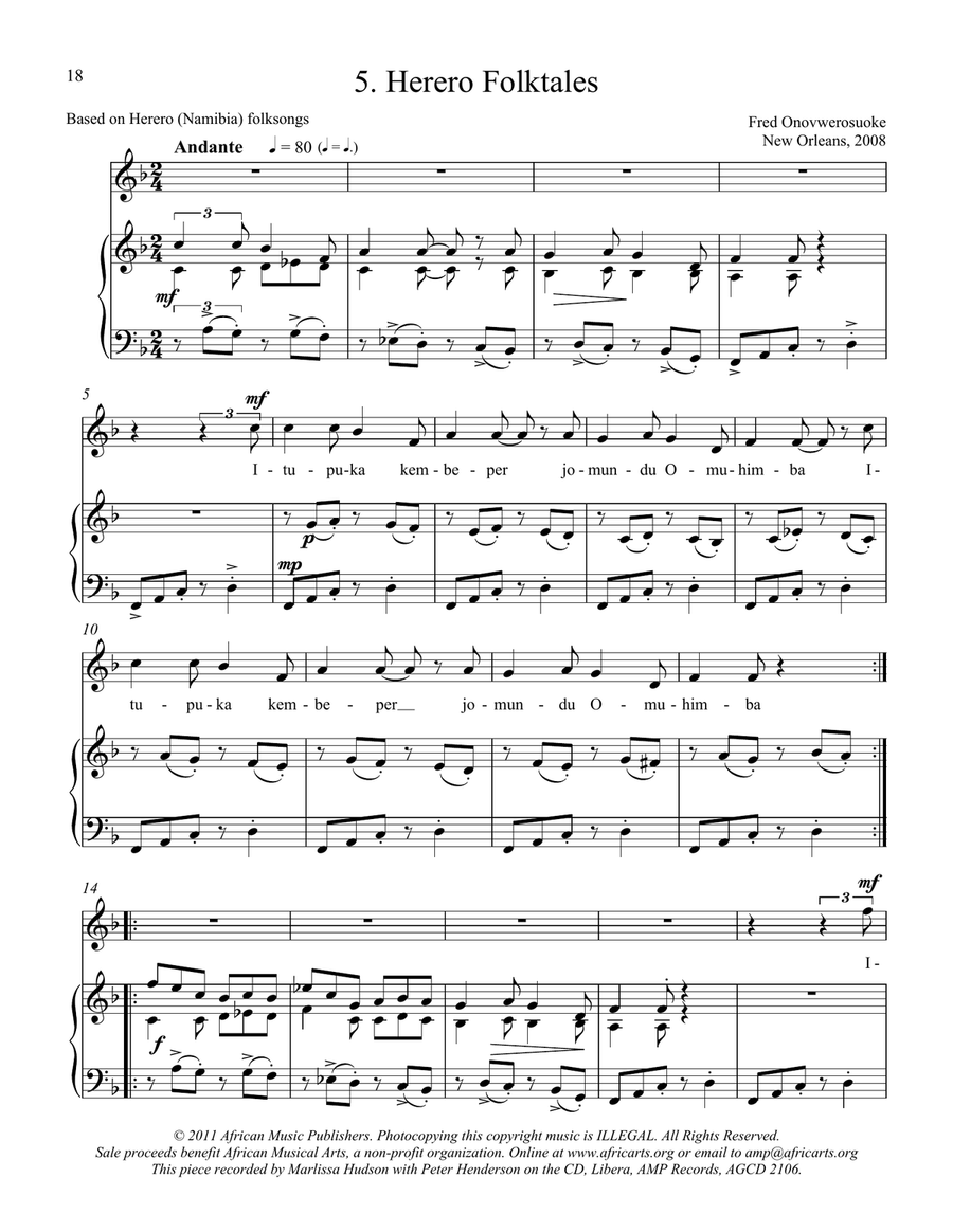 Twelve African Songs for Solo Voice and Piano - 5. HERERO FOLKTALES Soprano Voice scores gallery preview page 1