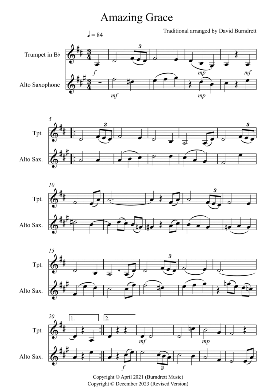 Amazing Grace for Trumpet and Alto Saxophone Duet Saxophone Duet scores gallery preview page 1