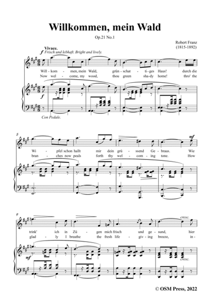 Franz-Willkommen,mein Wald,in A Major,Op.21 No.1,for Voice and Piano image number null