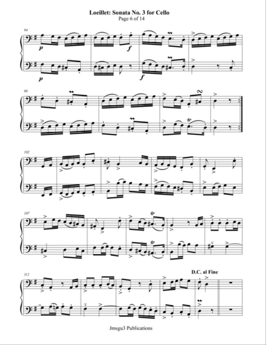 Loeillet: Sonata No. 3 for Cello Duo String Duet scores gallery preview page 6
