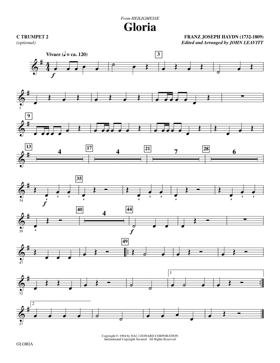 Gloria (from Heiligmesse) (arr. John Leavitt) - Trumpet 2 in C Choir scores gallery preview page 1