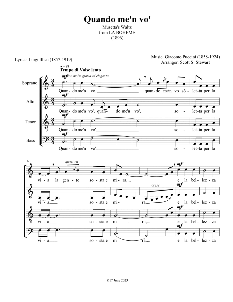 Quando me'n vo' (La Bohème) 4-Part scores gallery preview page 1