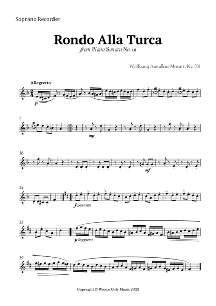 Rondo Alla Turca by Mozart for Recorder Quartet