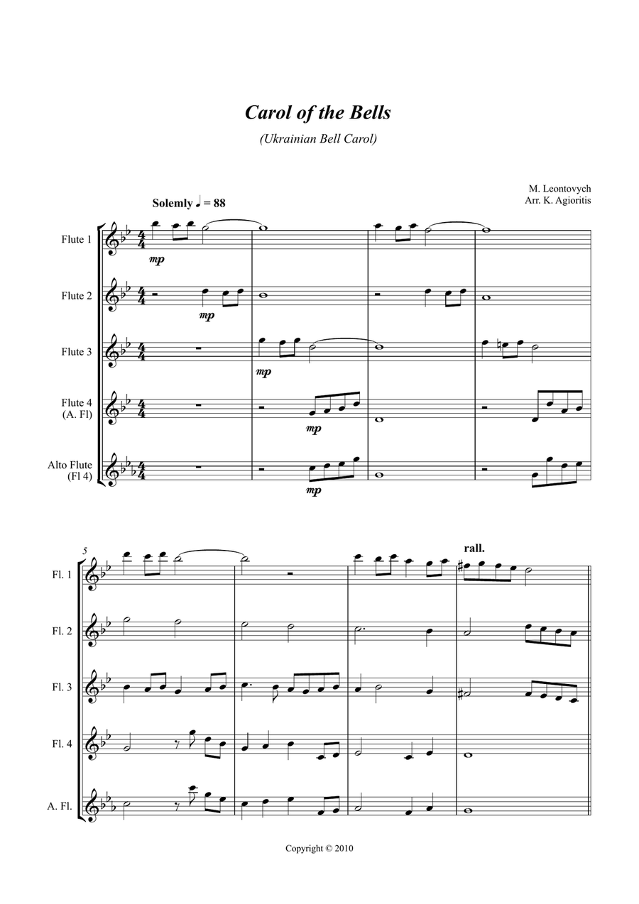 Carol of the Bells (Ukrainian Bell Carol) - Jazz Arrangement for Flute Quartet Flute Quartet scores gallery preview page 1
