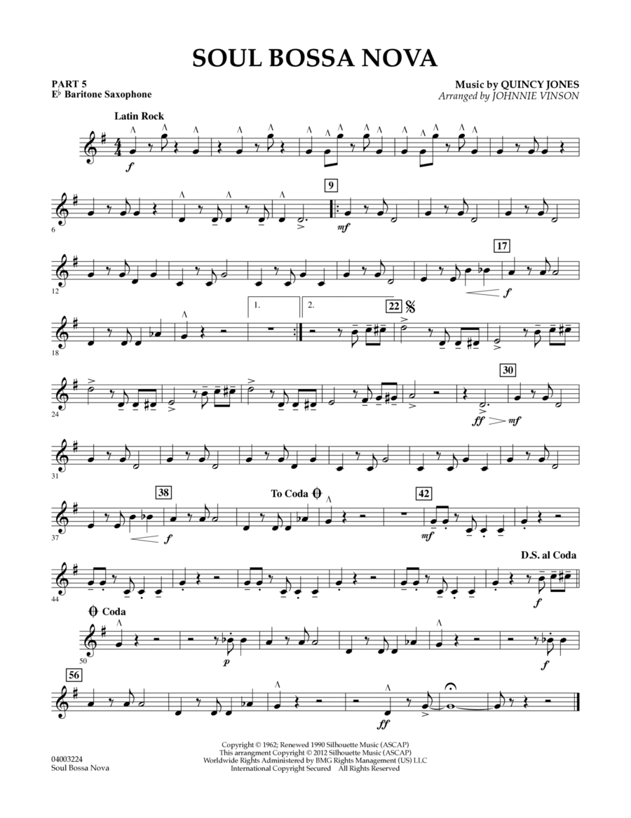 Soul Bossa Nova (arr. Johnnie Vinson) - Pt.5 - Eb Baritone Saxophone Concert Band scores gallery preview page 1