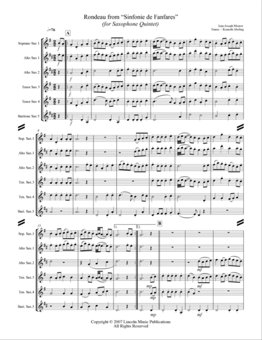 Rondeau from “Sinfonie de Fanfares” (for Saxophone Quintet SATTB) Saxophone Quintet scores gallery preview page 2