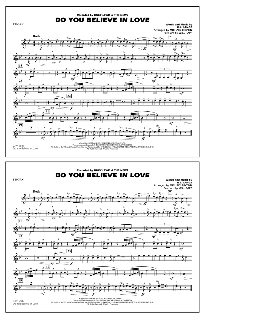 Do You Believe In Love - F Horn Marching Band scores gallery preview page 1
