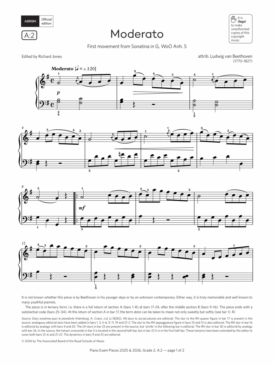 Moderato (Grade 2, list A2, from the ABRSM Piano Syllabus 2025 & 2026) Piano Method scores gallery preview page 1