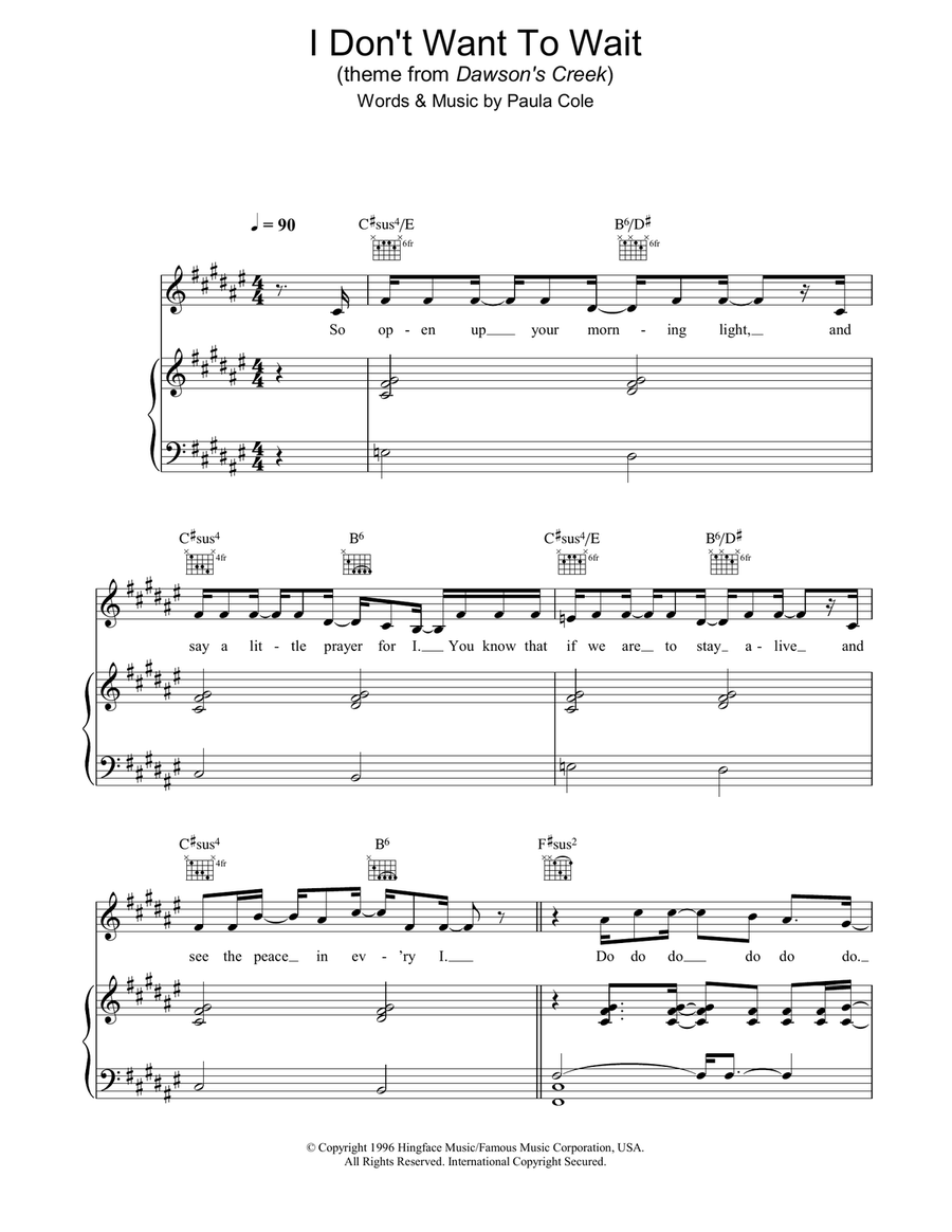 I Don't Want To Wait (theme from Dawson's Creek) Piano, Vocal, Guitar scores gallery preview page 1