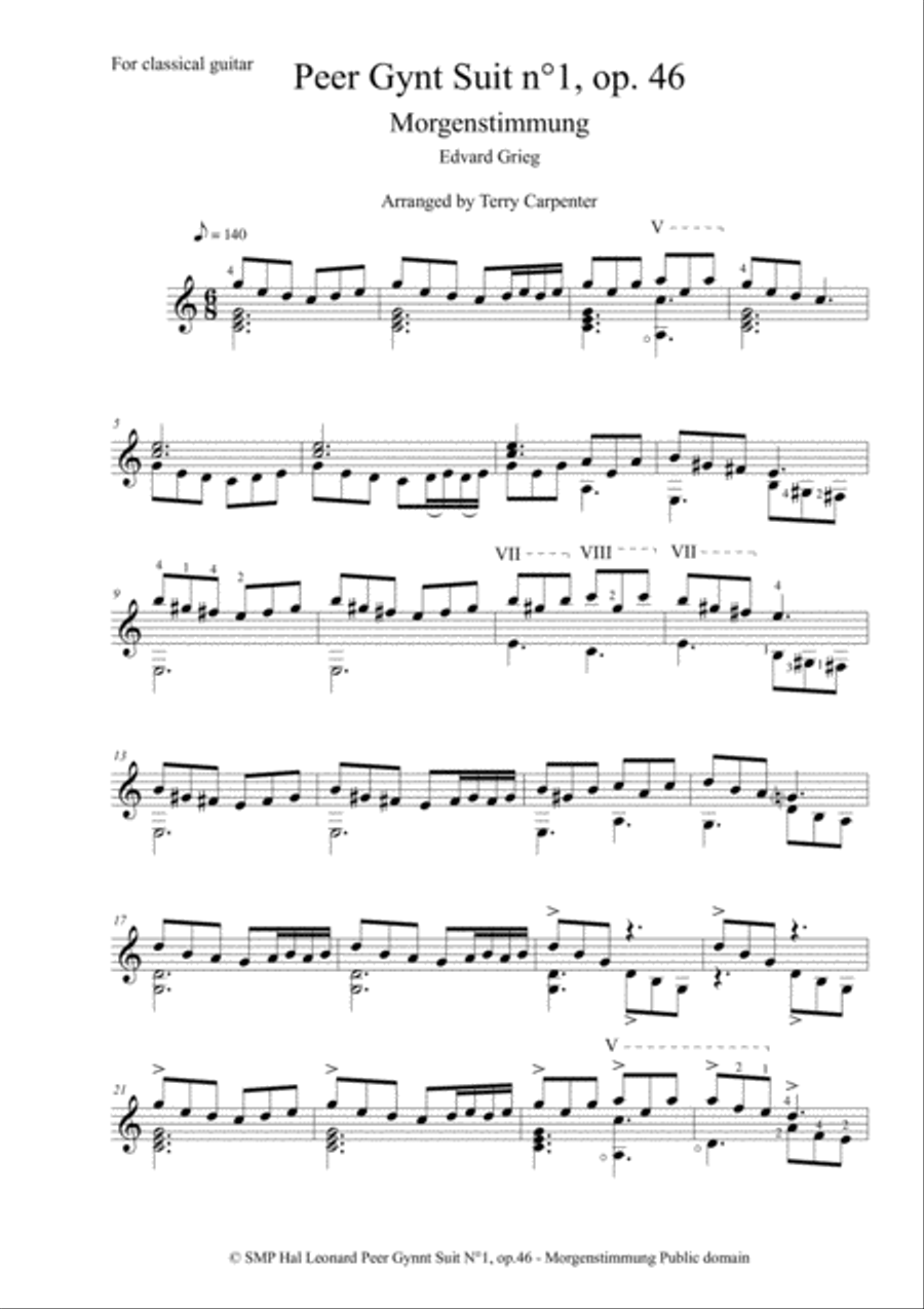 Peer Gynt suit n°1- Morgenstimmung for classical guitar Acoustic Guitar scores gallery preview page 1