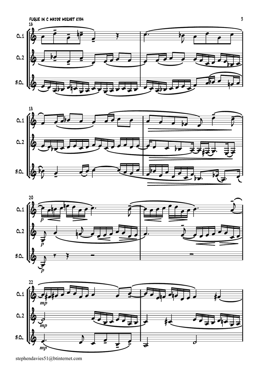 Fugue in C Major by W.A.Mozart K394 for Clarinet Trio. Clarinet Trio scores gallery preview page 3