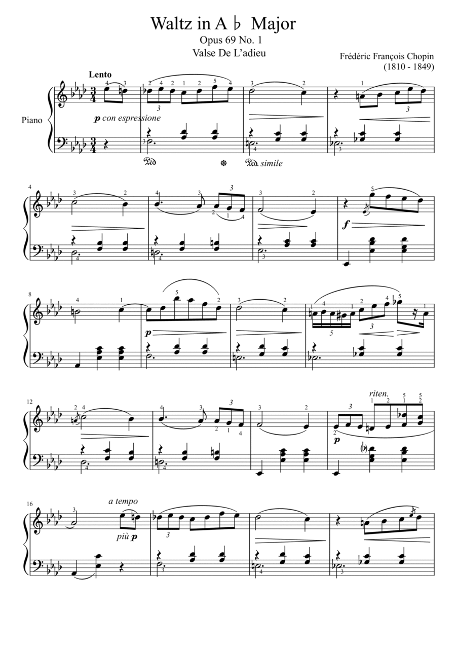 Chopin Waltz Opus 69 No. 1 in A♭ Major Valse De L’adieu With Finger Piano Solo scores gallery preview page 1