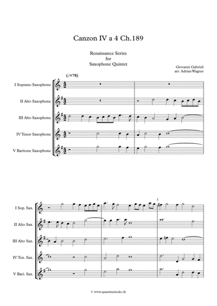 Canzon IV a 4 Ch.189 (Giovanni Gabrieli) Saxophone Quintet arr. Adrian Wagner image number null
