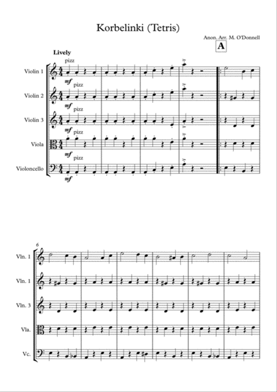 Tetris Video Game Main Theme String Quartet scores gallery preview page 1