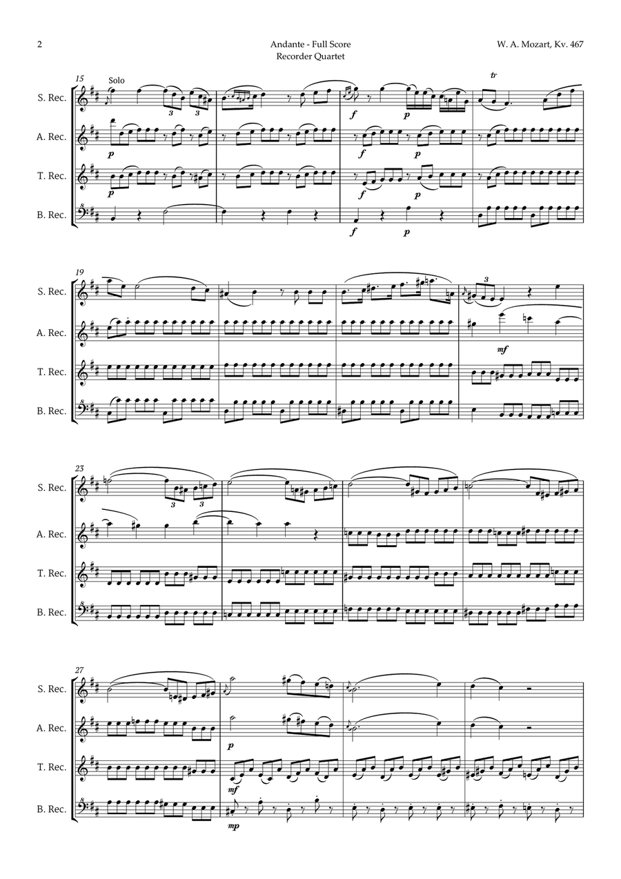 Andante from Piano Concerto No. 21 by Mozart for Recorder Quartet Chamber Music scores gallery preview page 2