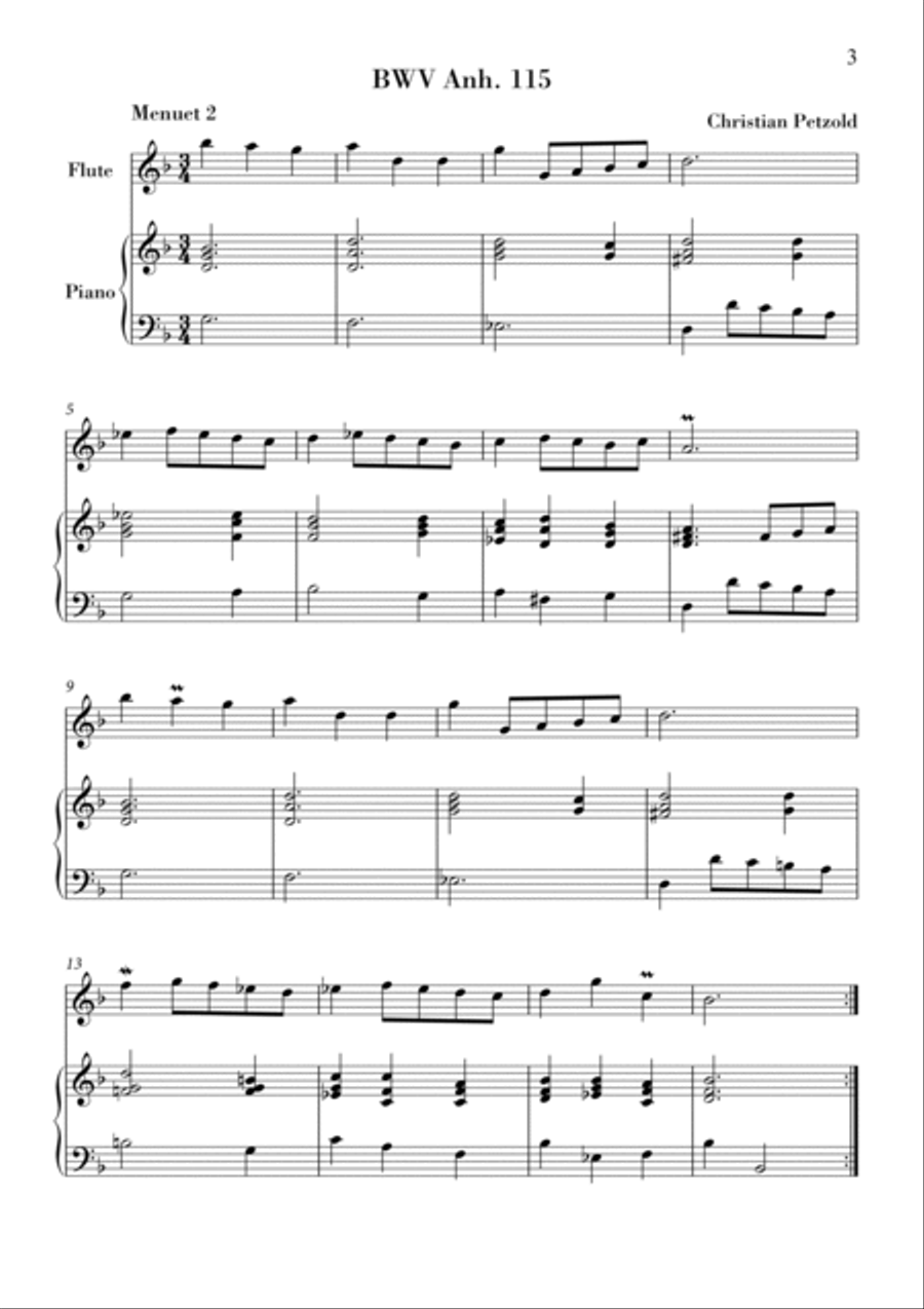 Bach - Minuet in G major and G minor (BWV Anh. 114 - 115) for Flute and Piano Flute Solo scores gallery preview page 3