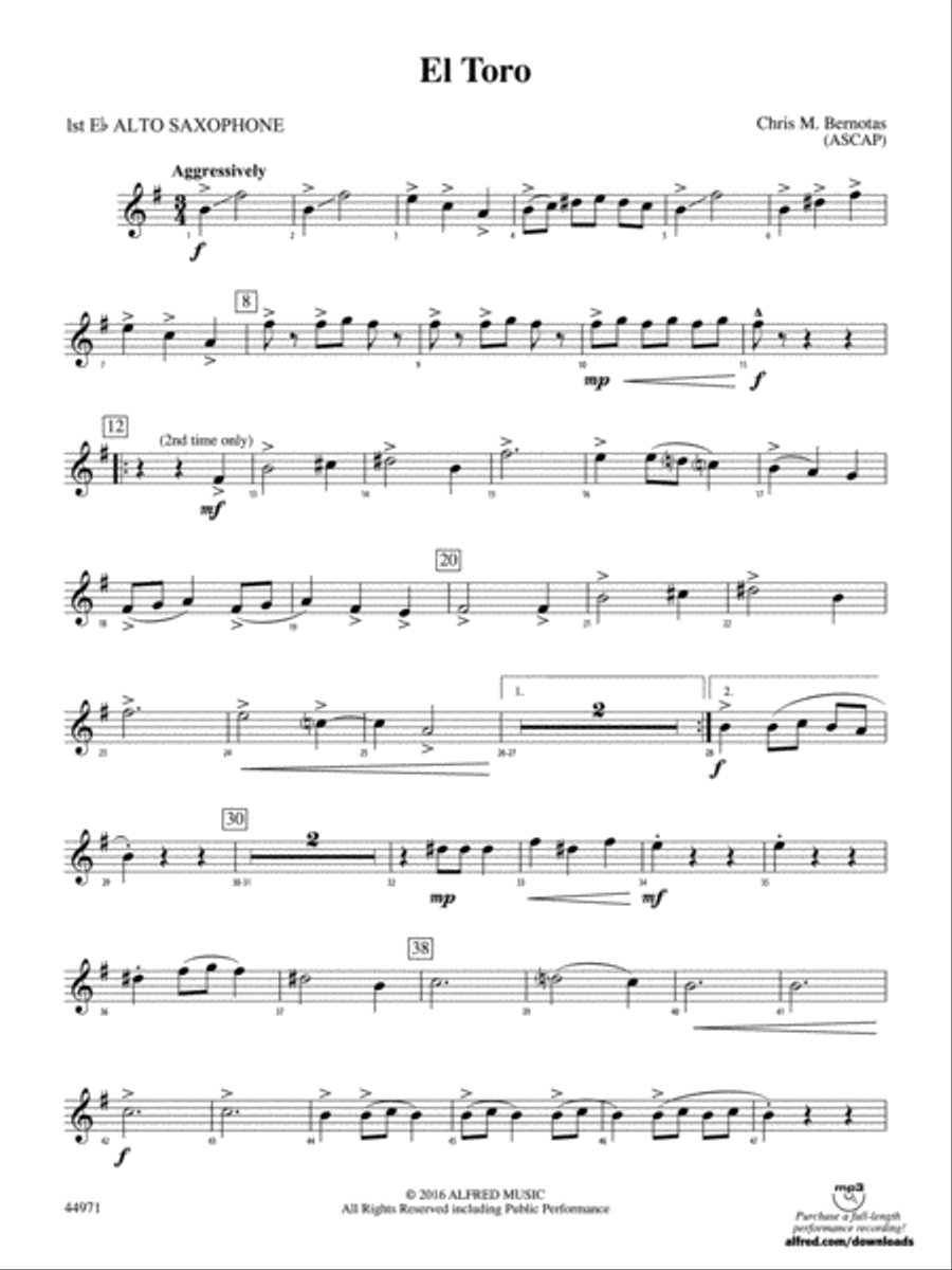 El Toro: E-flat Alto Saxophone Concert Band scores gallery preview page 1