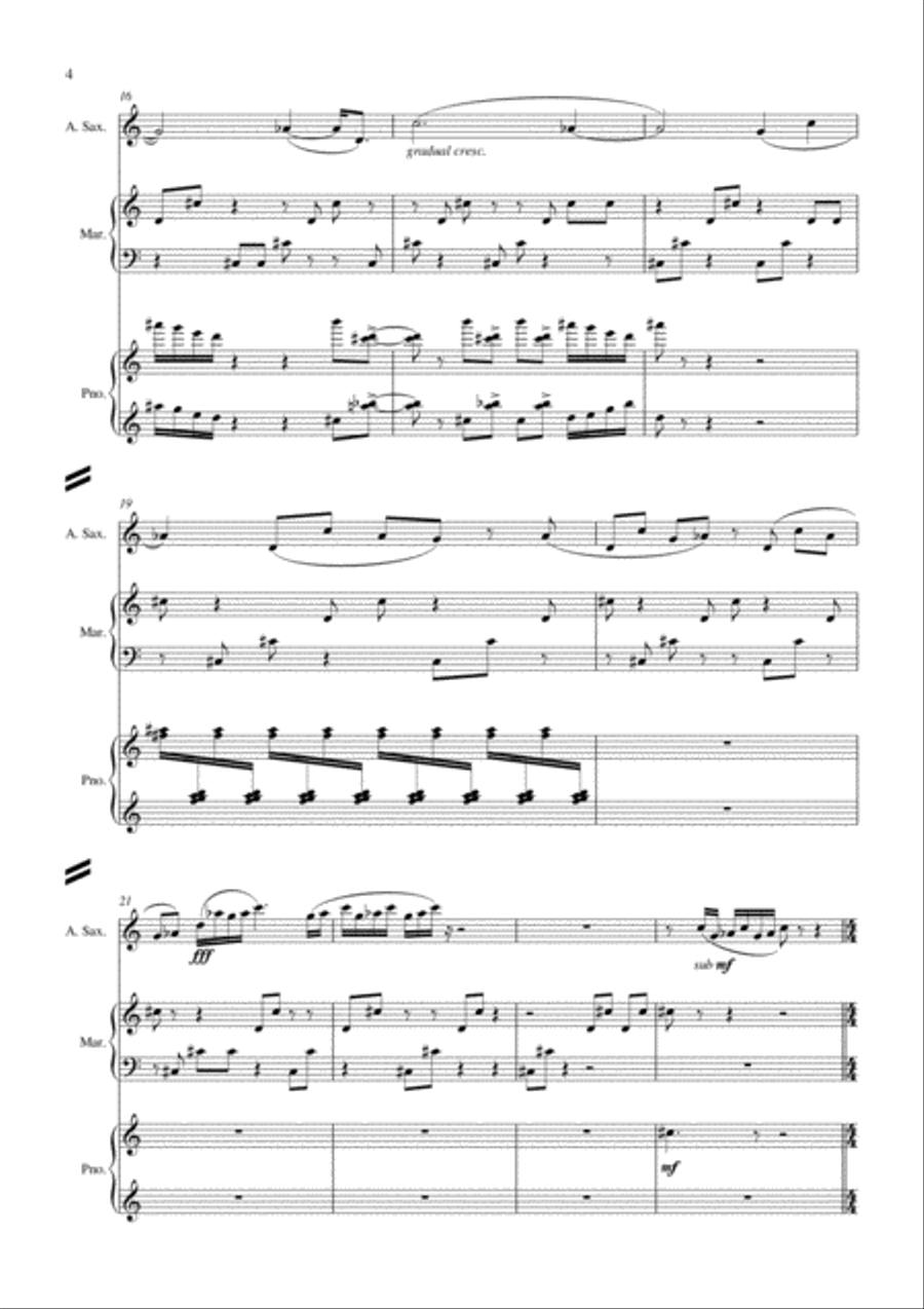 Carson Cooman: Frequent Flyer (2005) for alto saxophone, marimba, and piano Small Ensemble scores gallery preview page 4