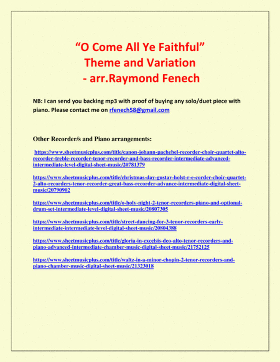 O Come All Ye Faithful (Adeste Fidelis) - Theme and Variation for Treble Recorder and Piano - Advanc image number null