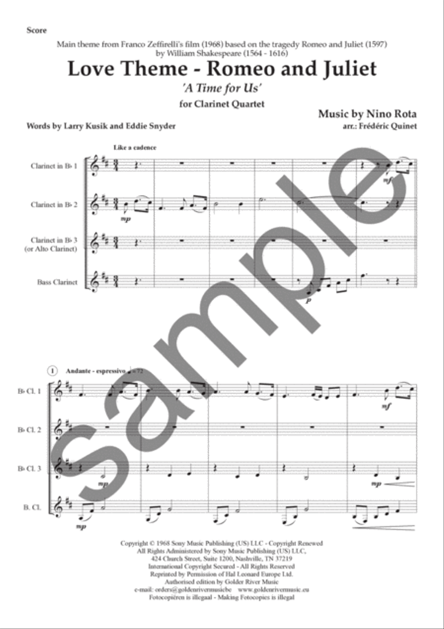 Love theme from 'Romeo and Juliet': A Time for Us Clarinet Quartet scores gallery preview page 2