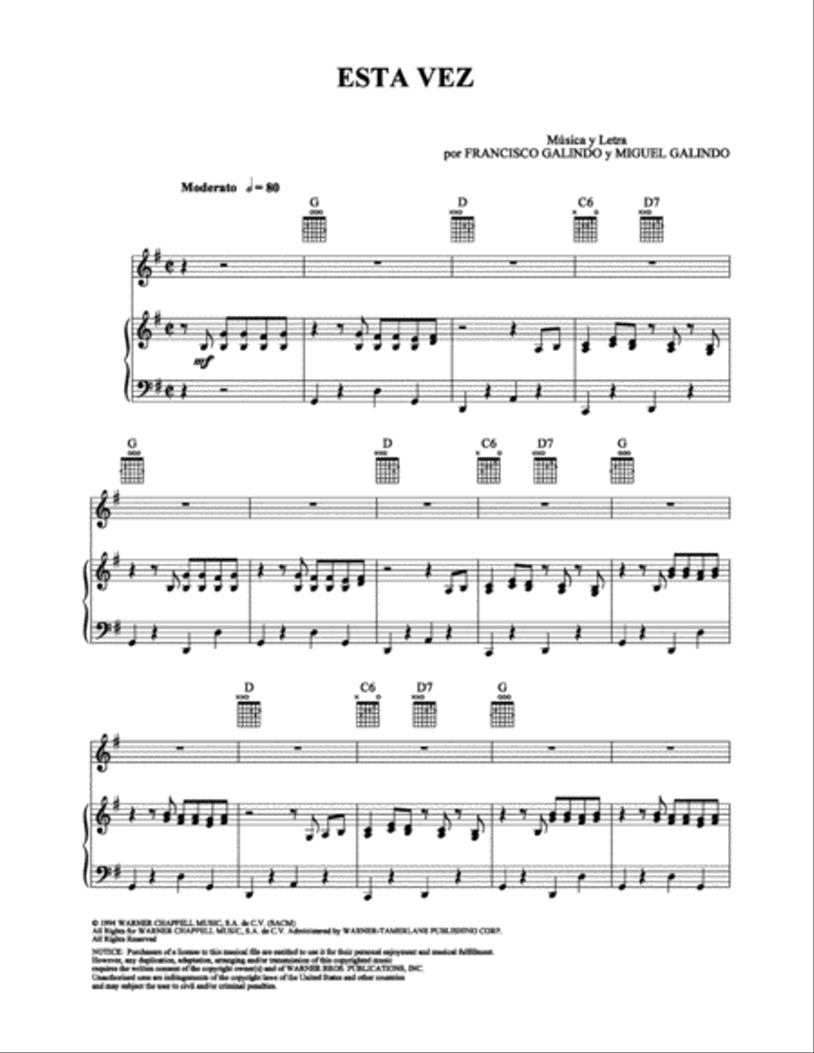 Esta Vez Esta Vez Piano, Vocal, Guitar scores gallery preview page 1