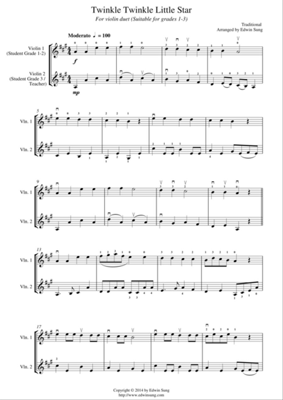 Twinkle Twinkle Little Star (for violin duet, suitable for grades 1-3) String Duet scores gallery preview page 1