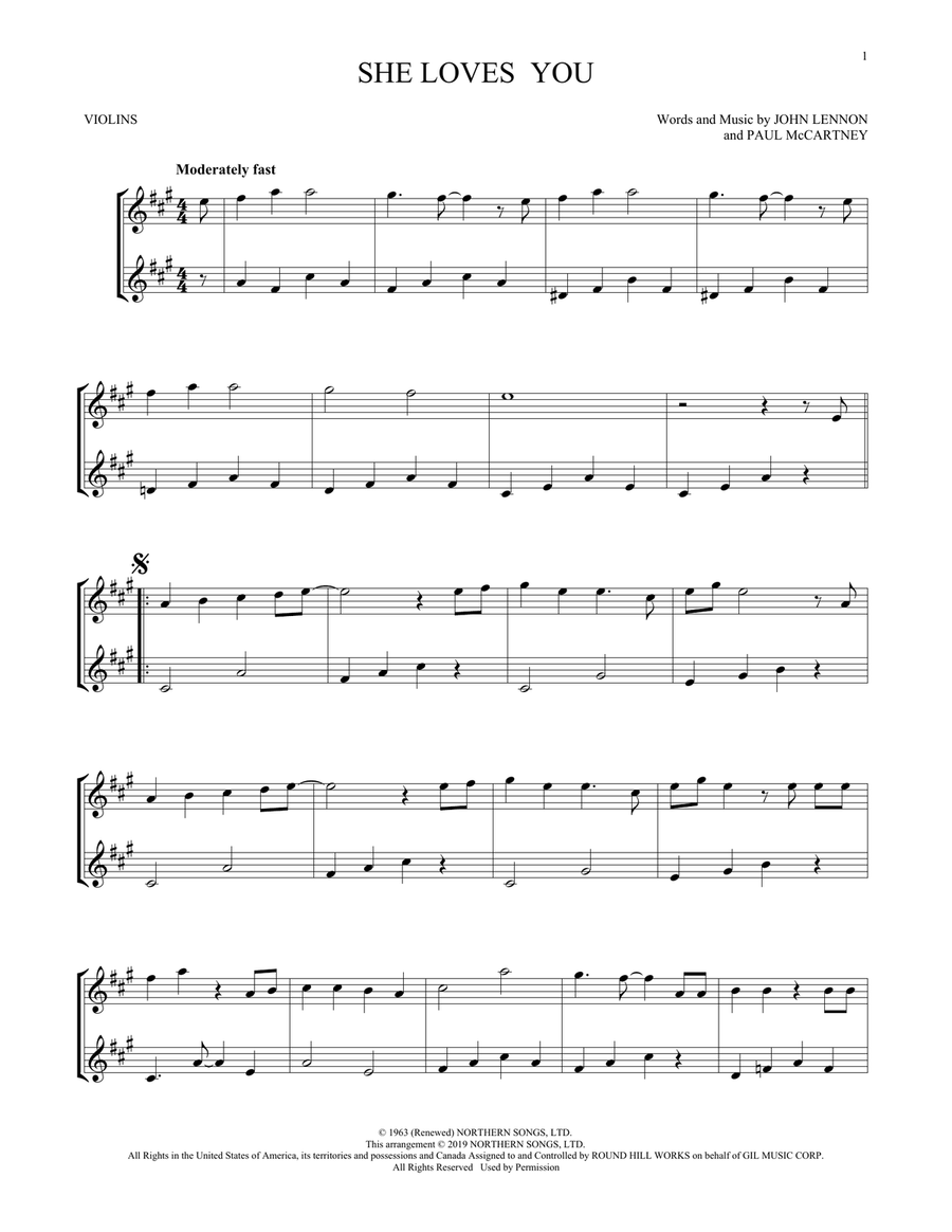 She Loves You (arr. Mark Phillips) String Duet scores gallery preview page 1