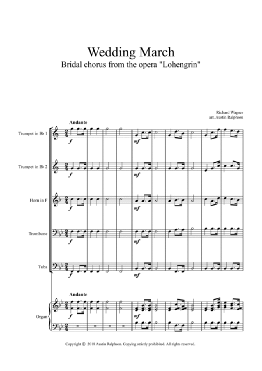 Wedding March (Bridal Chorus from 'Lohengrin': Here Comes The Bride) - brass quintet optional organ Horn scores gallery preview page 4