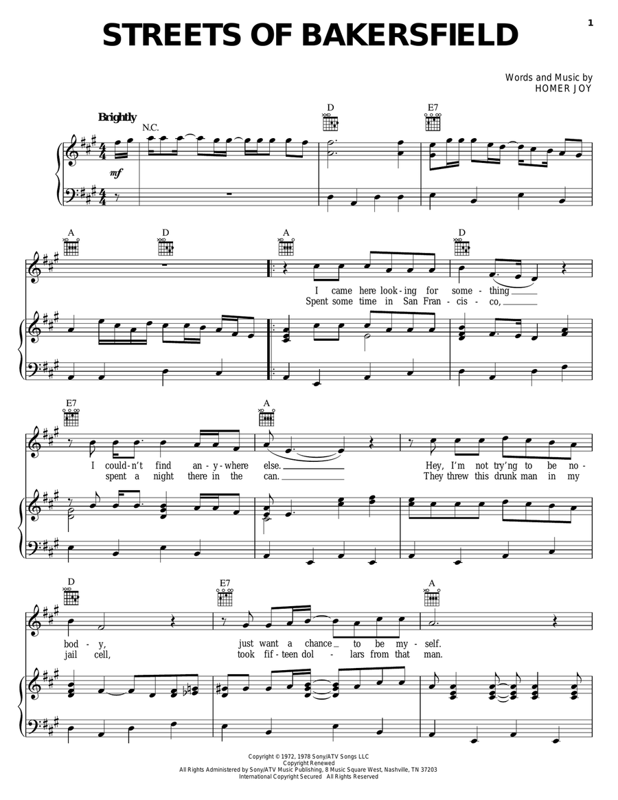 Streets Of Bakersfield Piano, Vocal, Guitar scores gallery preview page 1