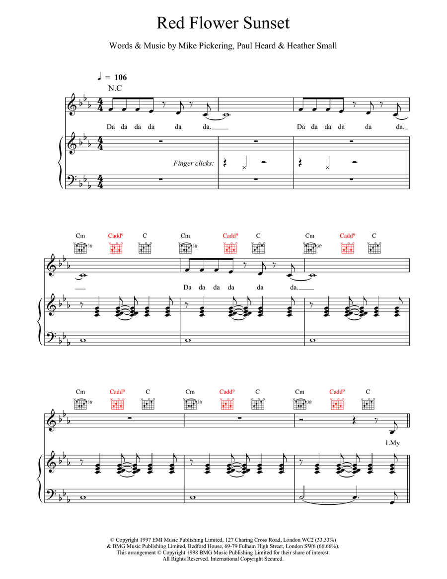 Red Flower Sunset Piano, Vocal, Guitar scores gallery preview page 1