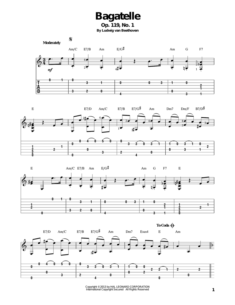Bagatelle, Op. 119, No. 1 Acoustic Guitar scores gallery preview page 1