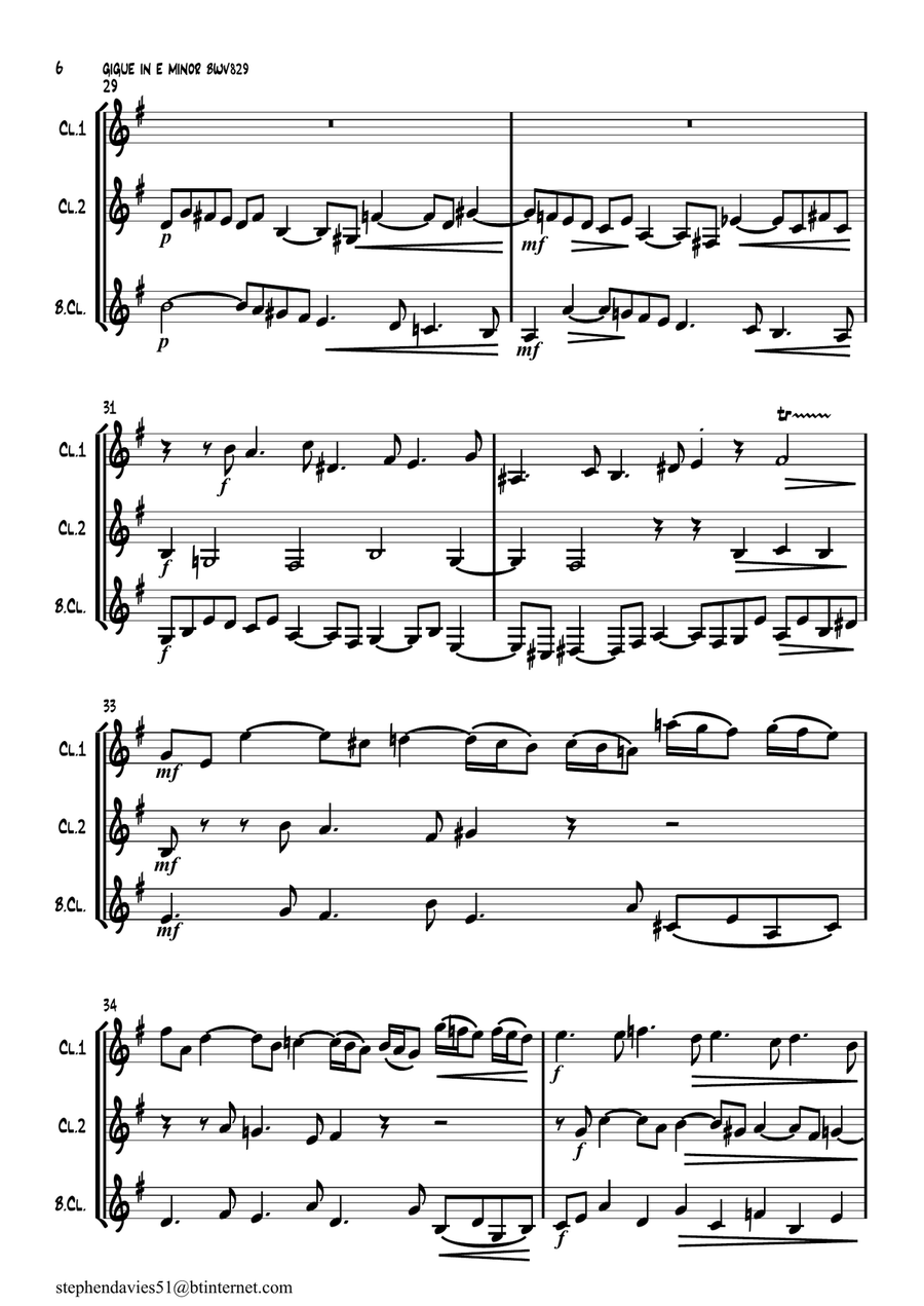 Gigue in E Minor by J.S.Bach BWV829a, for Clarinet Trio. Clarinet Trio scores gallery preview page 6