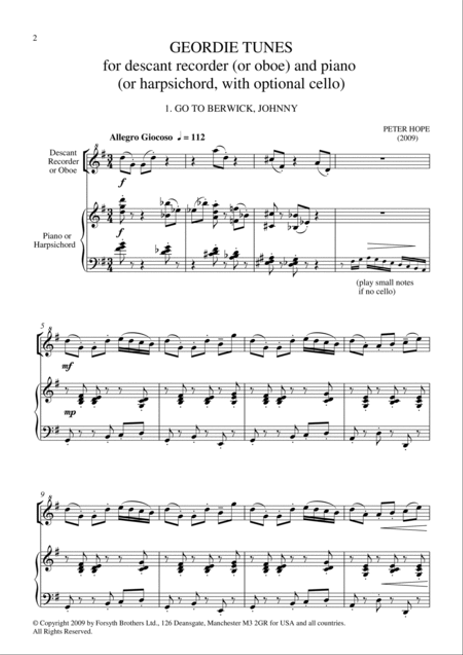 Geordie Tunes for Descant Recorder or Oboe and Piano (with optional Cello) Soprano Recorder scores gallery preview page 4