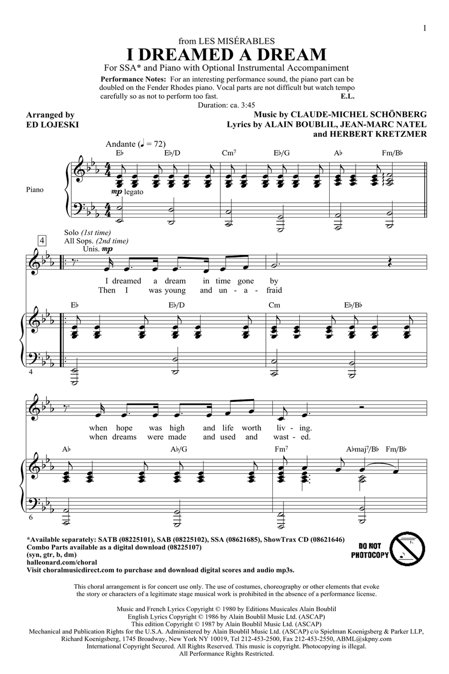 I Dreamed A Dream (from Les Miserables) (arr. Ed Lojeski) SSA scores gallery preview page 1
