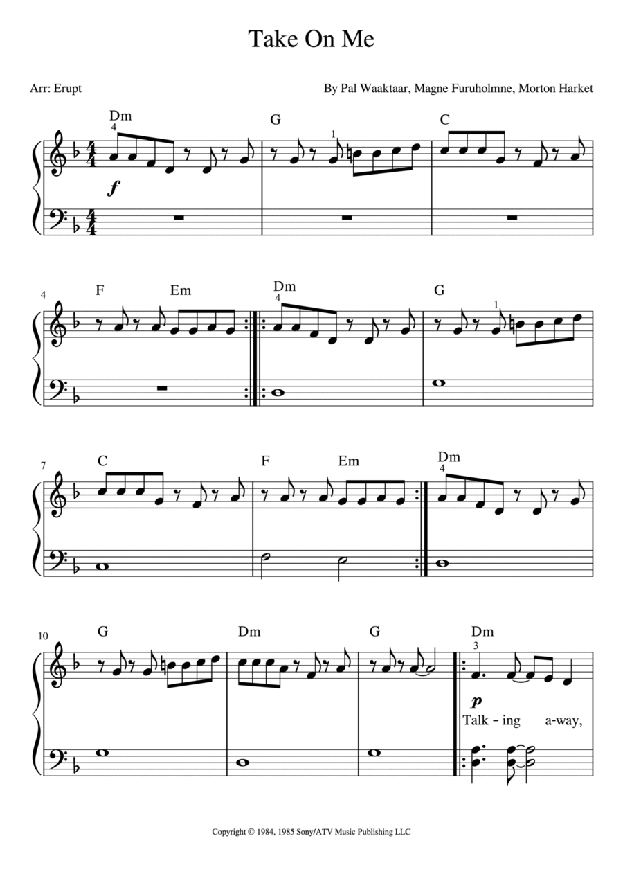 Take On Me Piano Solo scores gallery preview page 1