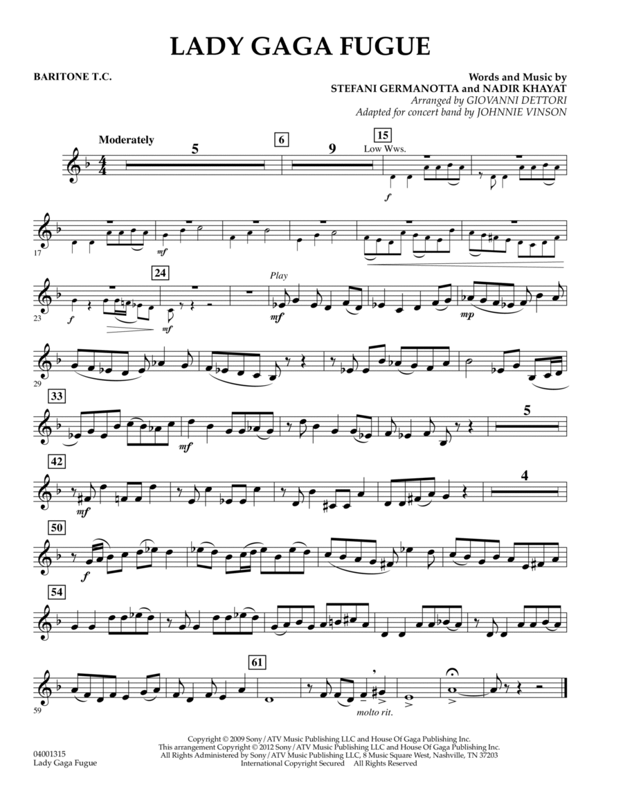 Lady Gaga Fugue - Baritone T.C. Concert Band scores gallery preview page 1